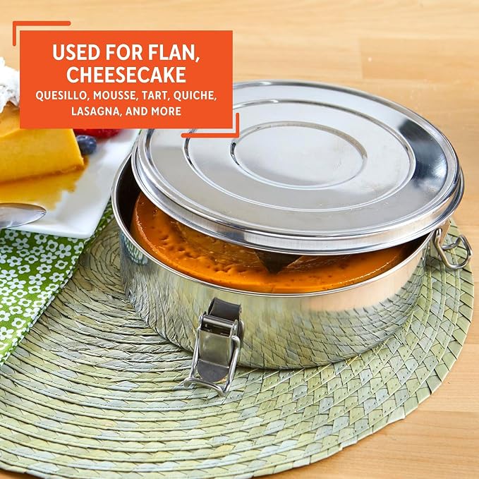IMUSA 1.5Qt Stainless Steel Flan Mold with Lid, Round Baking Pan for Flan, Cheesecake, Pudding, and Desserts, Silver