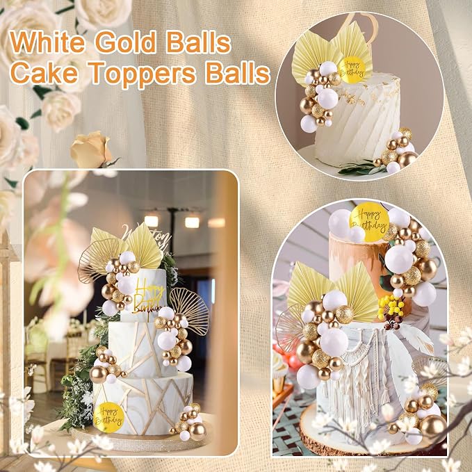 MEMOVAN White Gold Balls Cake Toppers Champagne Rose Cake Decoration with Gold Palm Leaves Boho Birthday Cake Decoration Balloon Cake Insert for Birthday Bohemian Wedding Baby Shower Party