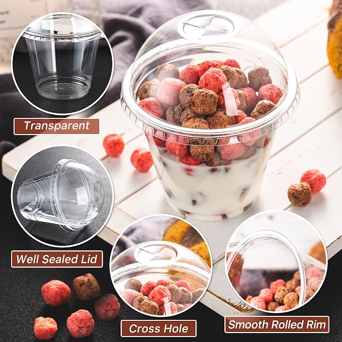 Lullaby 200Pack 9oz Clear Plastic Cups with Dome Lids, Dessert Cups with Lids, Disposable Parfait Cups, Party Cups Cupcake for Parties and Daily Use