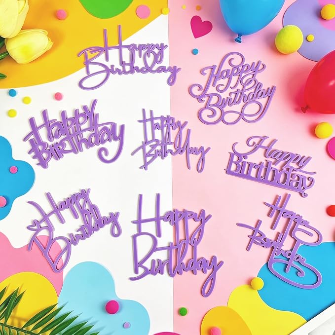 24 PCS Purple Happy Birthday Cake Toppers Cupcake Toppers | Purple Cake Topper Acrylic Side Cake Decorations for Women Girls Princess Multi Sized Party Birthday Anniversary 8 Styles