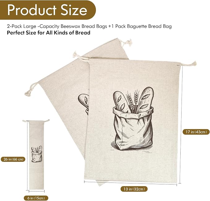 Reusable Bread Bags for Homemade Bread，Natural BeesWax & Linen Cotton，Large Capacity and Portable,Bread Keeper for Sourdough，Food/Bread Storage,with Free Baguette Bag