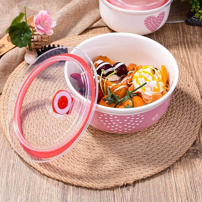 Pink Heart Ceramic Nesting Food Storage Bowls with Lids, Set of 3, Cute Mixing Bowls for Meal Prep, Serving, and Storage, Microwave & Dishwasher Safe