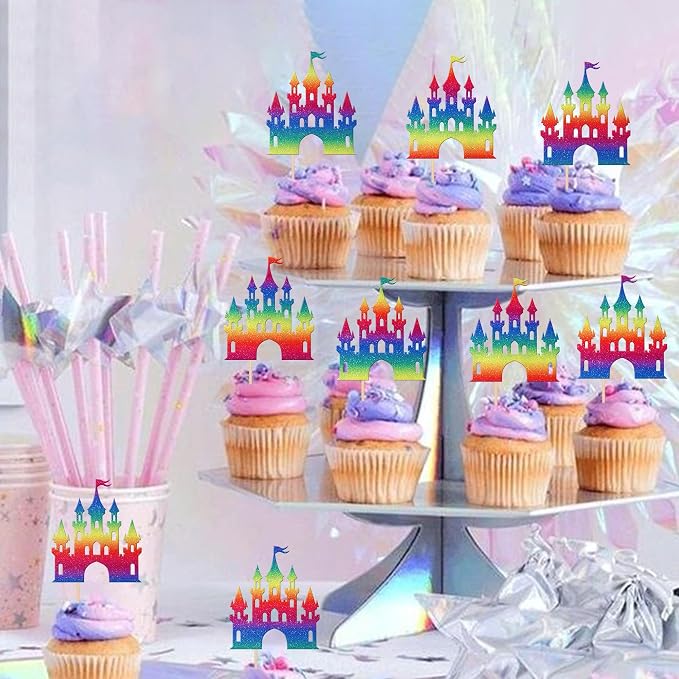 24 PCS Castle Cupcake Toppers Princess Cupcake Toppers Castle Theme Birthday Party Decoration Princess Party Supplies Princess Birthday Cake Decoration for Girls Princess Baby Shower Supplies Colorful