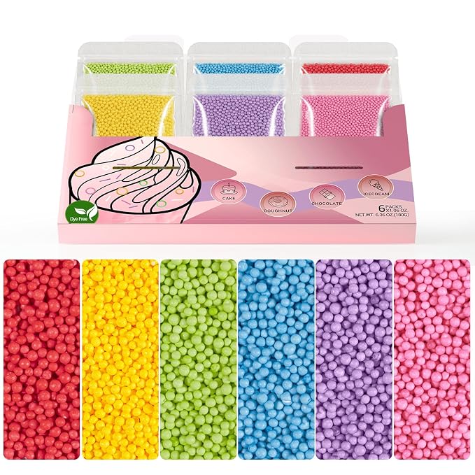 HUEBEATY 6-in-1 Dye Free Rainbow Nonpareils Sprinkles for Baking – 180g Natural Colored Nonpareils for Cake Decorating, Cookies, Cupcakes & Ice Cream – No Artificial Dye Red Yellow Green Blue Purple & Pink Assorted Sprinkles