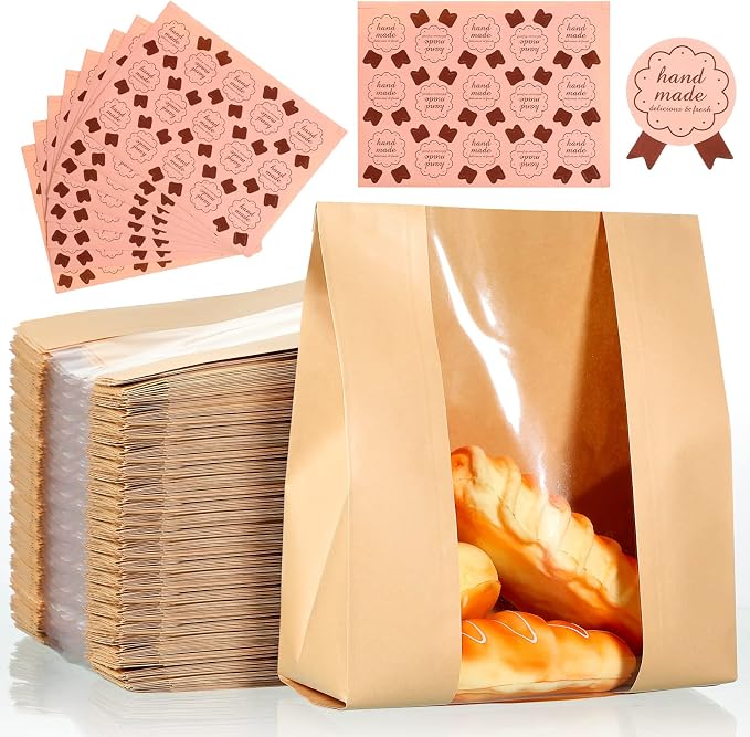 Meanplan 150 Pcs Bakery Bags with Window Large Paper Bread Bags Bulk for Homemade Bread Kraft Packaging with 10 Sheets Stickers for Sourdough Loaf Cookie Food 12 x 8.3 x 3.5 Inch