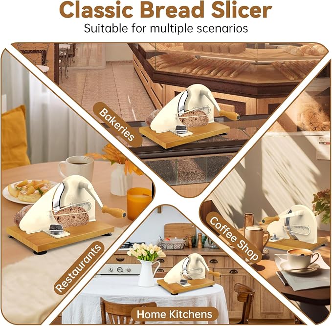 Upgrade Manual Bread Slicer for Homemade Sourdough Bread, Classic Hand Crank Home Bread Slicer With Scale Line and Steel Fence, Sharp Blade, Adjustable Width for Homemade & Commercial Use