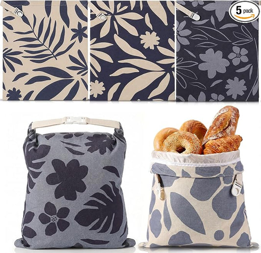 Hsei 5 Pack Beeswax Bread Bags for Sourdough & Homemade Bread 17 x 13'' XL Reusable Organic Linen Wraps with Sealing Zip for Fresh Food Storage Loaf Fresh Freezer Baker Gift (Blue Flower)