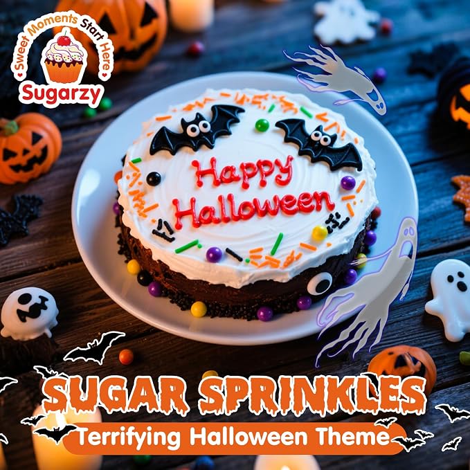 Halloween Sprinkles,Edible Candy Eyeballs,4 Pack,12 ounces,Nonpareils Sprinkle,Thanksgiving Sprinkle,Orange Pumpkin Black Green Pearls Jimmies Sanding Sugar Mix,Perfect for Cake Decorations,Baking,Cookies, Cupcake Topper