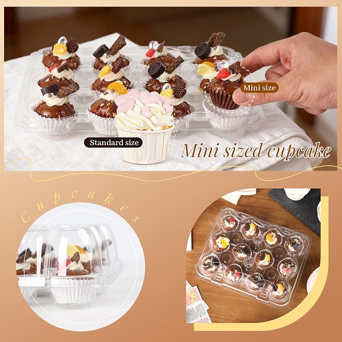 12 Count Mini Cupcake Containers 30 Sets with 360 Pack Cupcakes Liners, Plastic Cupcake Holder, Stackable Mini Cupcake Boxes Carrier, Clear Disposable Cupcake Trays, High Dome