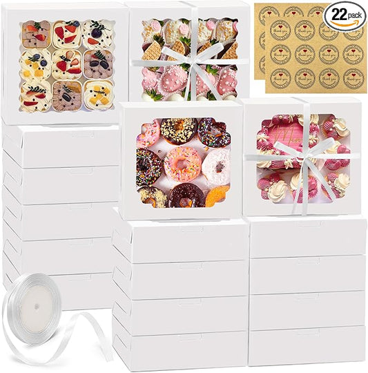 Pack of 22 White 9x9x2.5 Inches Cookie Boxes with Window in Two Styles Includes Banderole and Thank You Stickers