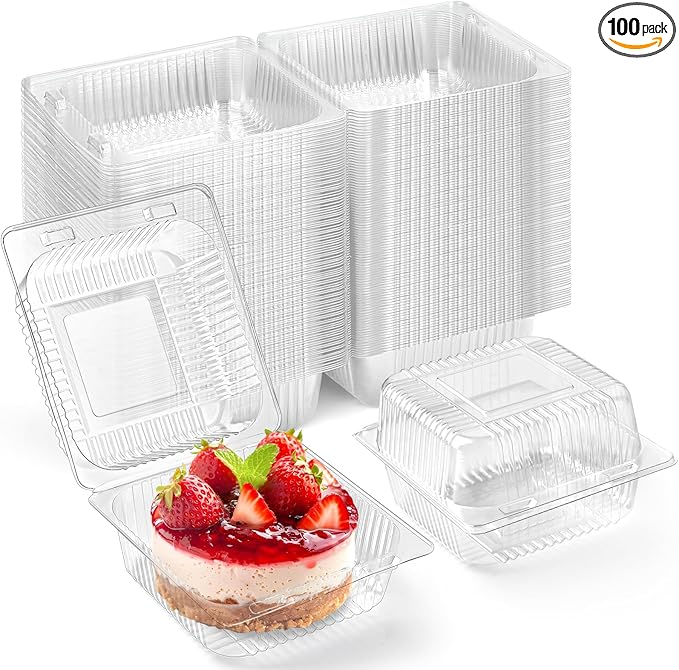 Zezzxu 100 Pack Clear Plastic Take Out Food Containers, Square Cake Slice Containers with Hinged Lids, Disposable To Go Boxes for Cookies, Desserts, Fruits, Salads, Sandwiches