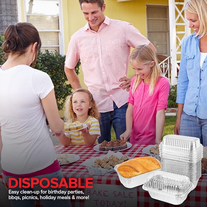 Stock Your Home Disposable Aluminum Mini Loaf Pans with Lids, 1 lb (50 Pack) New & Improved Plastic Dome Lid Foil Baking Tins, Tin Pans for Cake, Bread, Holiday Baked Goods Packaging
