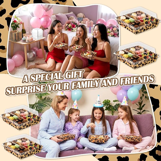 Potchen 50 Pack Bakery Boxes with Clear Lids, Disposable Charcuterie Treat Boxes for Cookies, Donuts, Cupcakes, Candy and Mini Cakes, Party Favor for Wedding and Gift Giving(Leopard Print)