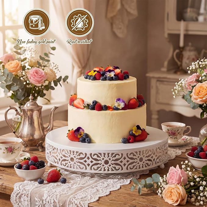 Wenqik 14 Inch Cake Stand, Metal Round Cake Stands Set with Modern Design White Dessert Display Cupcake Stands Plates Fruit Serving Tray for Wedding Birthday Baby Shower Party (White)