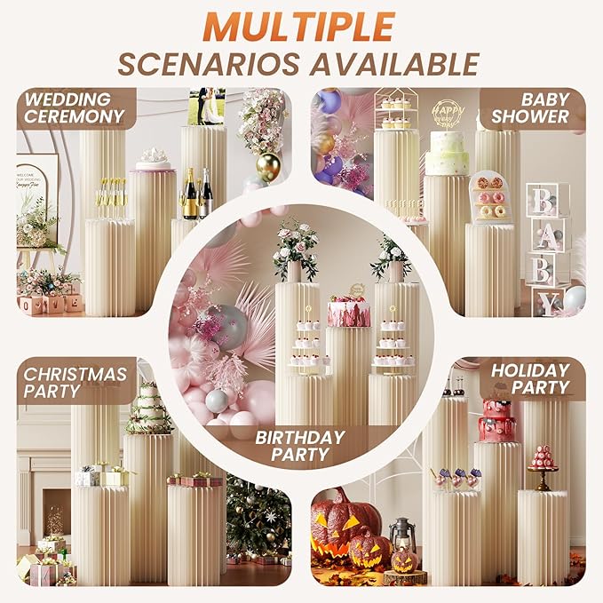 5 Pack Portable White Cylinder Stands for Party, 31.5", 23.6", 15.7" Height Foldable Cardboard Tall Cake Pedestal Stand Flower Floral Pillar Table Stand Event Plinth, cilindros para fiestas redondos blancos for Wedding Parties