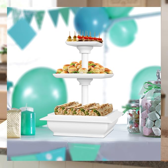 Chef Buddy 3-Tier Cupcake Stand - Square Display Stand for Birthday, Tea Party, Wedding, or Baby Showers - Dessert Table Display Set (White) (Pack of 2)