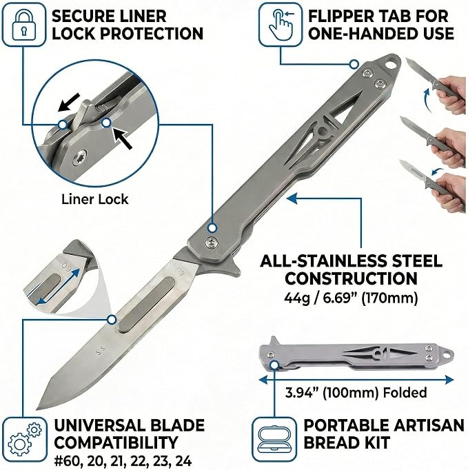 Bread Lame Bread Scoring Tool for Sourdough Baking, Folding Bread Scorer with 5PCS #60 Stainless Steel Blades, All-Metal Scoring Knife for Home Kitchen and Baking Classes, Sandblasted Gray