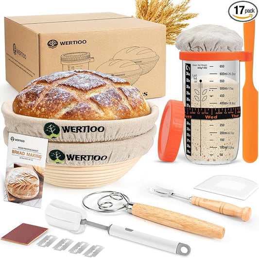 Sourdough Bread Baking Supplies, Sourdough Starter Kit, 2 9 Inch Round Banneton Bread Proofing Basket with 24 Oz Glass Jar, Sour Dough Tools with Danish Dough Whisk & Scraper