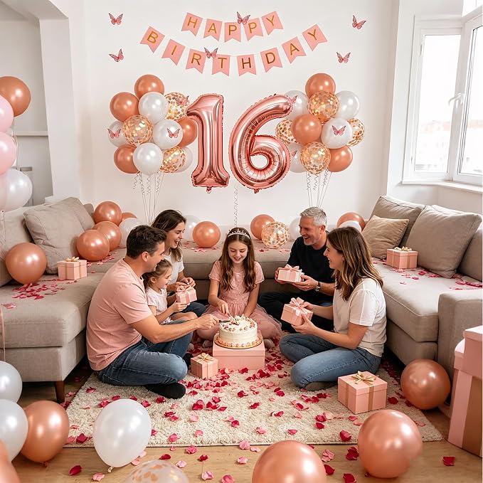 16th Birthday Decorations For Girls- Rose Gold Pearl White Balloons, 32 Inch Rose Gold "16" Balloon, 3D Butterflies Stickers, Happy Birthday Banner For Girl Sweet Sixteen Party Decorations