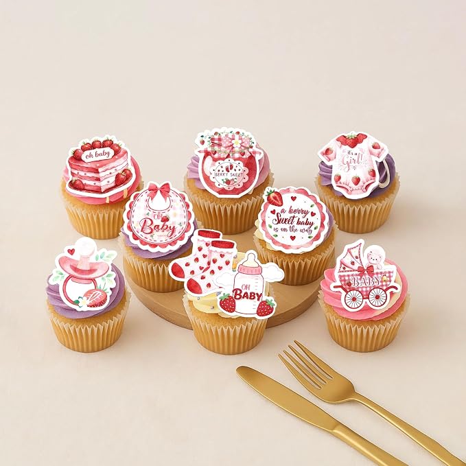 63 PCS Edible Baby Shower Cupcake Toppers Wafer Paper Berry Sweet Strawberry Cupcake Picks Edible Oh Baby It's a Girl Cake Decorations for Gender Reveal Baby Shower Girls Birthday Party Supplies Red