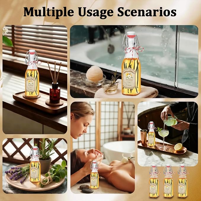 8oz Swing Top Glass Bottles for Vanilla Extract - 10 Pack Airtight Square Clear Jars with Leak-Proof Lids, DIY Kit with Stickers & Funnel