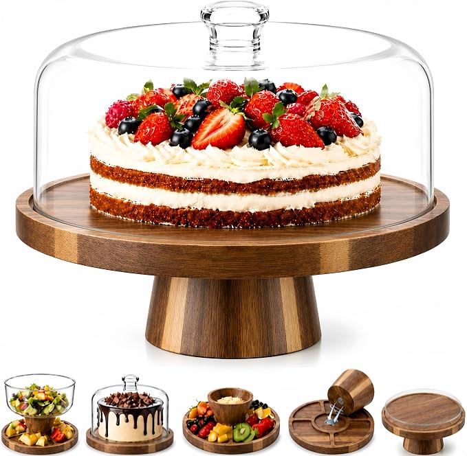 Acacia Wood Cake Stand with Lid, 11.4" Cake Stand with Acrylic Dome, 2-In-1 Cake Display Stand with Magnetic Base, Cake Holder for Charcuterie, Snacks&Desserts for Birthday/Wedding/Kitchen/Party