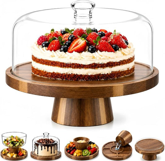 Acacia Wood Cake Stand with Lid, 11.4" Cake Stand with Acrylic Dome, 2-In-1 Cake Display Stand with Magnetic Base, Cake Holder for Charcuterie, Snacks&Desserts for Birthday/Wedding/Kitchen/Party