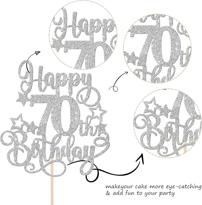 1 PCS Happy 70th Birthday Cake Topper Glitter Cheers to 70 Years Birthday Cake Pick Hello 70 Fabulous Cake Decoration for Happy 70th Birthday Anniversary Party Decorations Supplies Silver