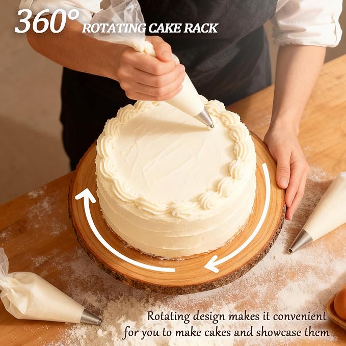 Rotating Wooden Cake Stand, 12 Inch Rustic Cake Display Stand with Cake Cutting Knife & Server Set, Round Dessert Serving Tray for Wedding, Birthday, Bridal Shower, Baby Shower & Holiday Party Decor