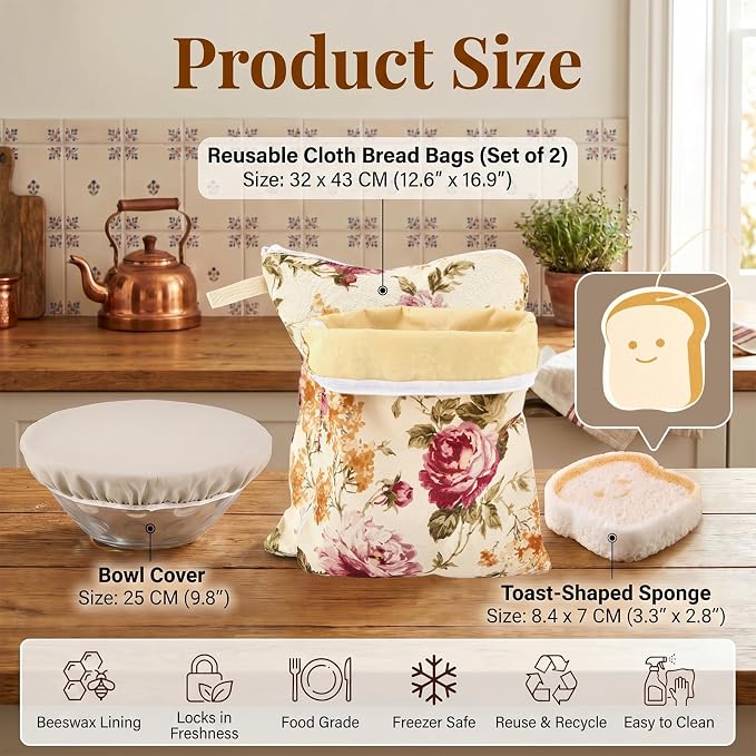 2 Pack XL Beeswax Bread Bags for Sourdough, Organic Beeswax Linen Cotton Bread Storage Bags with Bowl Cover & Cleaning Sponge Set, Fresh Bread Freezer Bags with Sealing Zip for Homesteading (F)