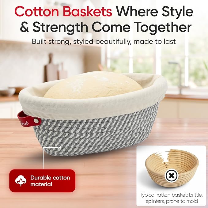 Levainé 2 Pack Cotton Rope Banneton Bread Proofing Basket Set, Round & Oval Sourdough Proofing Baskets with Liners and Covers, Washable Bread Baking Supplies for Homemade Artisan Bread
