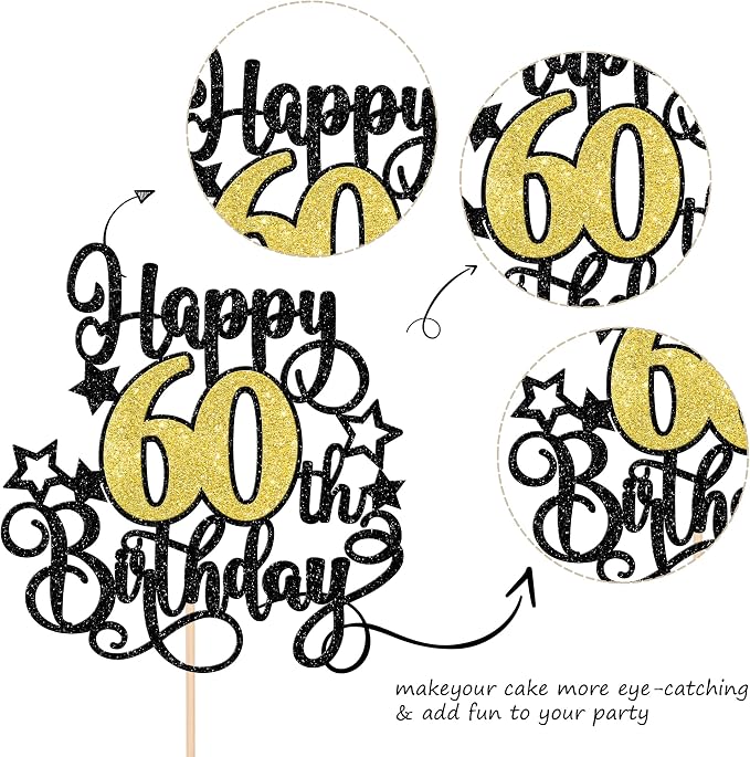 1 PCS Happy 60th Birthday Cake Topper Black Gold Glitter Cheers to 60 Years Birthday Cake Pick Hello 60 Fabulous Cake Decoration for Happy 60th Birthday Anniversary Party Decorations Supplies