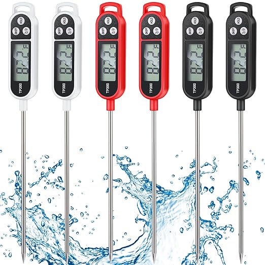 Copkim 6 Pcs Instant Read Meat Thermometer with Long Probe 9.65 Inch Kitchen Cooking Food Candy Waterproof Digital Thermometer for BBQ Water Milk Yogurt Liquid (Round&Square Ring,Black,White,Red)