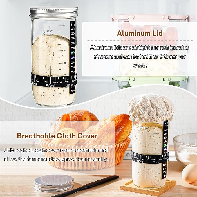 DWTS DANWEITESI Sourdough Starter Jar with Date Marked Feeding Band, Thermometer, Sourdough Fermentation Jar Scraper, Sewn Cloth Cover & Aluminum Lid, Sourdough Starter Kit Reusable(2pcs/24oz)