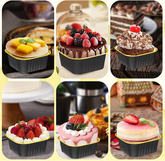 60Pack 5oz Black&Gold Mini Cake Pans with Lids Baking Cups Aluminum Foil Pans Tins, Individual Dessert Cups Containers for Sales,Party,Picnics