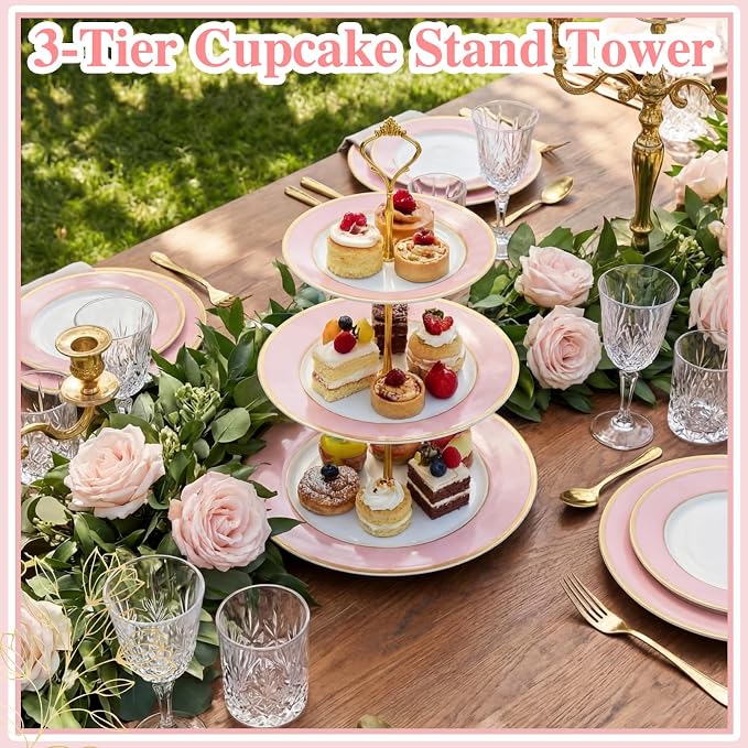 CHENGU 3 Tier Cupcake Stand Pink Ceramic with Gold Frame, 10" 9" 7" Dessert Tower for Baby Shower Birthday Wedding Tea Party, Tiered Cake Holder Display for Cupcakes Pastries Fruits