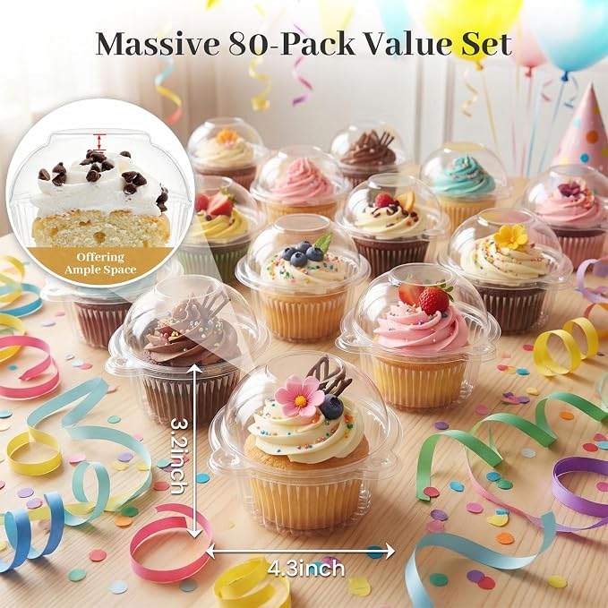 HANSGO 80Pack Individual Cupcake Containers with Lid, 4.3 x 3.2 Inches Plastic Clear Cupcake Holder for Wedding Baby Shower Birthday Party Supply