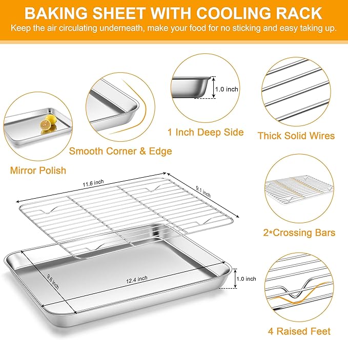 Homikit Quarter Sheet with Rack (1 Pan + 1 Rack), 9x13 Stainless Steel Baking Pan with Wire Cooling Rack for Toaster Oven Roasting, Metal Bacon Cookie Trays Nonstick & Rust Free, Dishwasher Safe