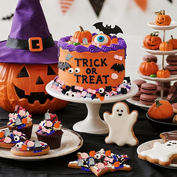 Morofme 3.5 oz Halloween Sprinkles Candy Eyeballs Edible Tombstone Dog Bone Sprinkle Pumpkin Spider Brain Sprinkles Edible Eyes Cake Decorating Black Purple Jimmies Mix Sprinkle for Cupcake Baking