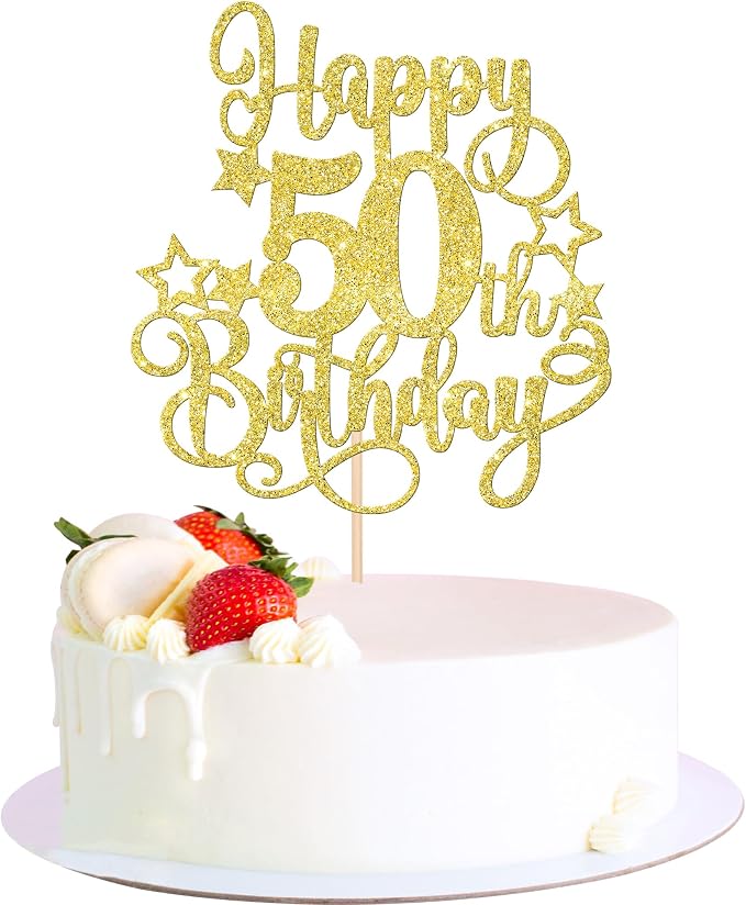 1 PCS Happy 50th Birthday Cake Topper Glitter Cheers to 50 Years Birthday Cake Pick Hello 50 Fabulous Cake Decoration for Happy 50th Birthday Anniversary Party Decorations Supplies Gold