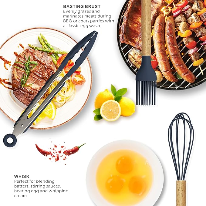 oannao Silicone Cooking Utensils Set - 446°F Heat Resistant Silicone Kitchen Utensils for Cooking,Kitchen Utensil Spatula Set w Wooden Handles, BPA FREE Gadgets for Non-Stick Cookware (Navy Blue)