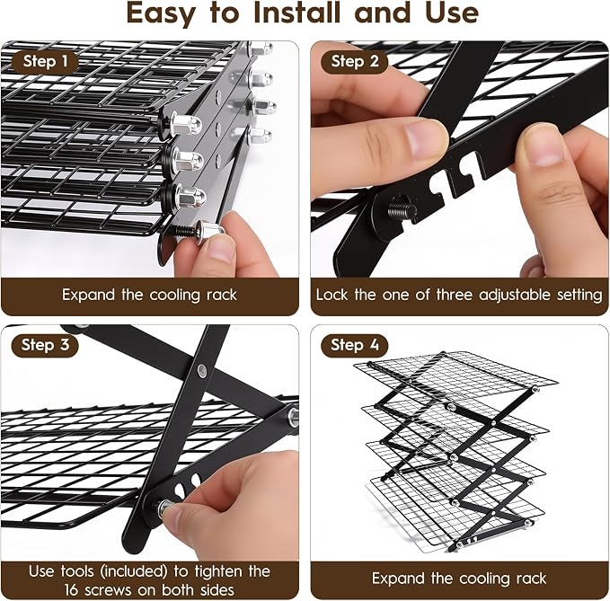 4 Tier Collapsible Cooling Rack - Upgraded Adjustable Heavy Duty Cooling Rack with 4 Setting Stackable Design - Space-Saving Folding Wire Bread Cookie Racks Cooling Baking Gifts for Women Black