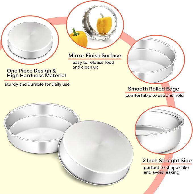 Herogo 8 Inch Round Cake Pan Set of 3, Stainless Steel Nonstick Layer Tier Birthday Wedding Cake Pans, Fit Oven Pots Pressure Cooker, Mirror Finish, Dishwasher Safe