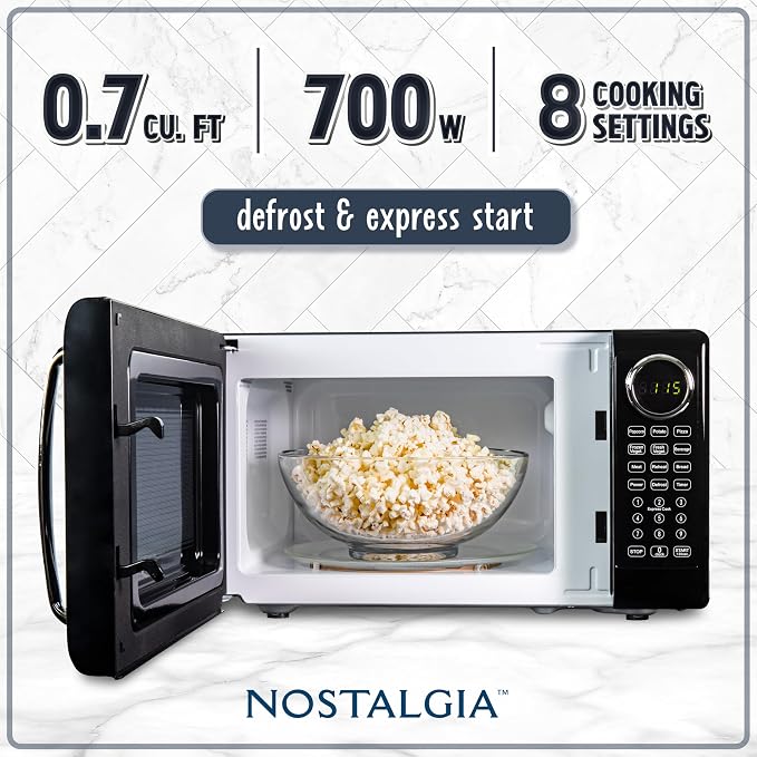 Nostalgia Retro Microwave Oven 0.7 Cu Ft, 700-Watt Countertop Size with Glass Turntable, Child Safety Lock, 8 Auto-Cook Programs, Digital Clock, Black