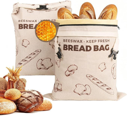 YARRAMATE Reusable Beeswax Bread Bags for Homemade Bread & Sourdough, 2 Pack XL 17x13in Linen Organic Bread Storage Bags with Zipper for Loaf, Baguette, Bagels and Sandwich Bread, Freezer Safe, Brown