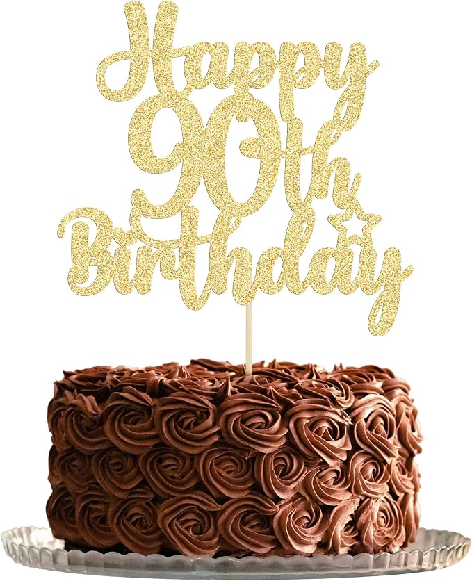 Gyufise 1Pc Happy 90th Birthday Cake Topper Glitter 90 & Fabulous Cheers to 90 Years Old Birthday Cake Pick for Celebrating 90th Birthday Anniversary Party Cake Decorations Supplies Gold