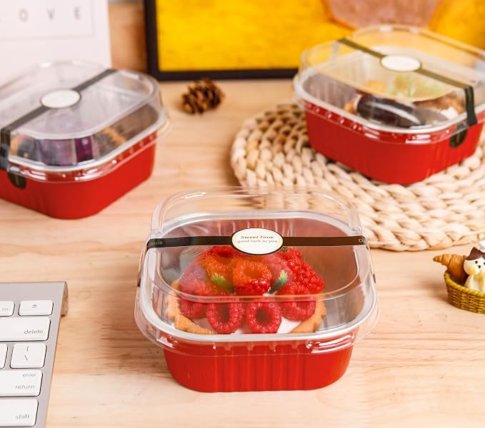 NPLUX 50 Pcs Mini Square Baking Cups with Lids and Spoons Aluminum Foil Mini Cake Pans with Lids Disposable Ramekins Cake Pans Dessert Cups for Wedding, Graduation Gifts Party Favors(Red,10oz)