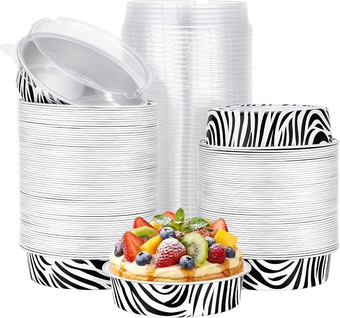 Beasea Disposable Ramekins with Lids, 120 Pack 7.3oz Mini Pie Tins Small Aluminum Foil Pie Tart Cake Baking Pans Individual Round Creme Brulee Containers for Party - Zebra Stripes
