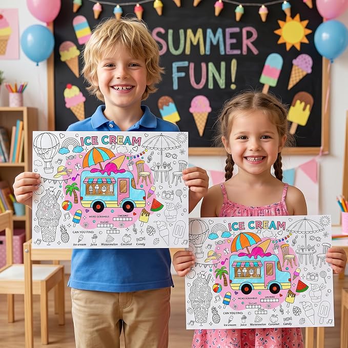 45pcs Ice Cream Disposable Coloring Placemats Summer Crafts for Kids Birthday Party Favors Coloring Poster Cone Sundae Sprinkles Sweet Treat Activity Church Supplies Paper Table Mats