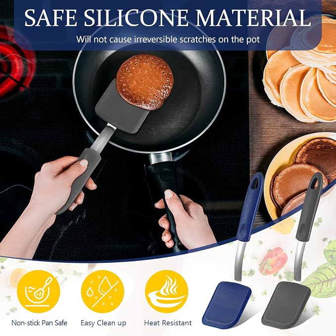 Silicone Cookie Spatula Turner 2 Pack Mini Brownie Spatula Flexible Kitchen Small Silicone Turner for Nonstick Cookware Heat Resistant No Scratch Flipper for Pancake(Solid Flat,Gray, Blue)